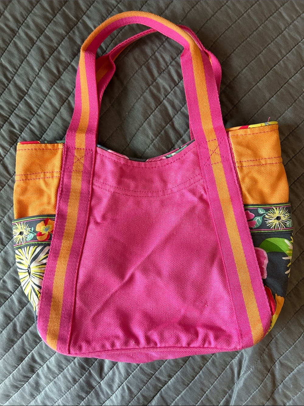 Vera Bradley Bright Pink & Orange Canvas Tote Bag with Floral Accents